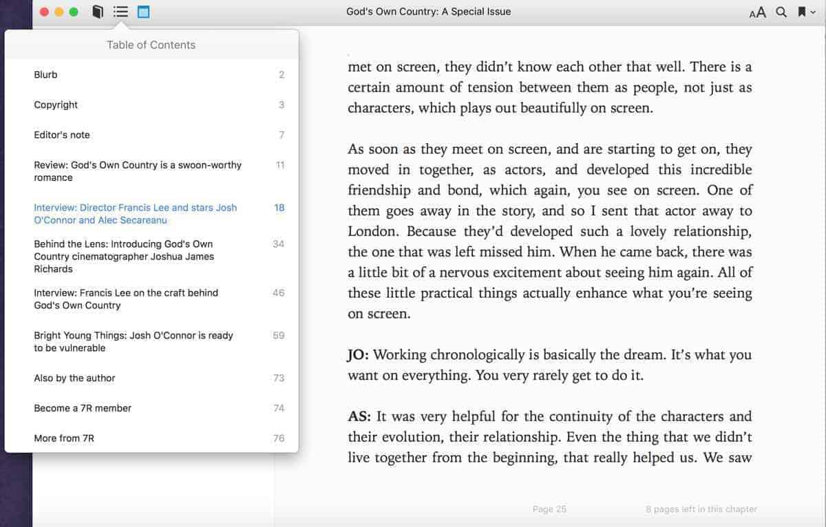 Screenshot of the Table of Contents for the book God's Own Country: A Special Issue, about Francis Lee's film, and a preview of the layout of the ePub.
