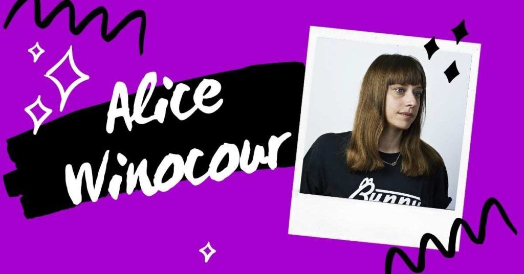 An image of filmmaker Alice Winocour against a purple background next to text that bears her name.