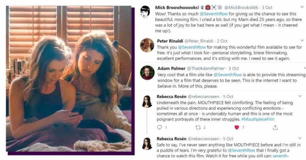 A still from Mouthpiece on the left and a Twitter feed of reactions to the film on the right.