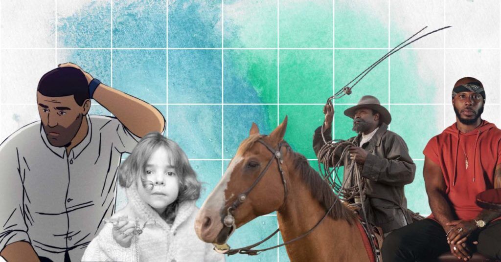 A collage of images from the best documentaries of 2021.
