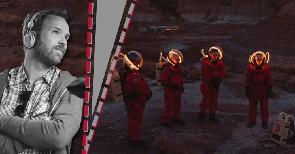 Still of director and co-writer Stéphane Lafleur (left) whom we interview and an image from his TIFF Platform film Viking (right). In the film, four people in red spacesuits, with lit up helmets, stand in the middle of the desert in a semi-circle.