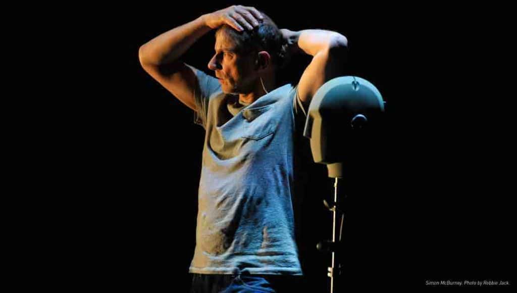 Simon McBurney and the binaural microphone in The Encounter. Sam Green took inspiration from this theatre piece in his live documentary 32 Sounds, where he also used the binaural microphone.