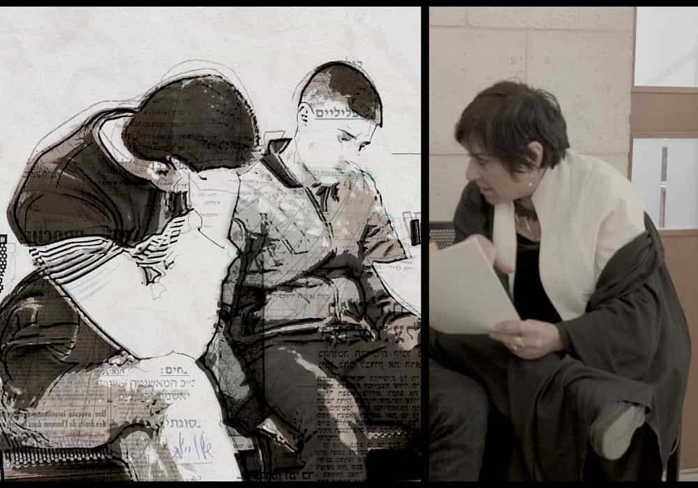 Israeli human-rights lawyer Lea Tsemel describes speaks to two young men, represented as drawings.