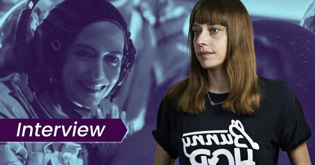A still of Eva Green in a space suit in Proxima next to a headshot of director Alice Winocour. The text on the image reads, 'Interview'.