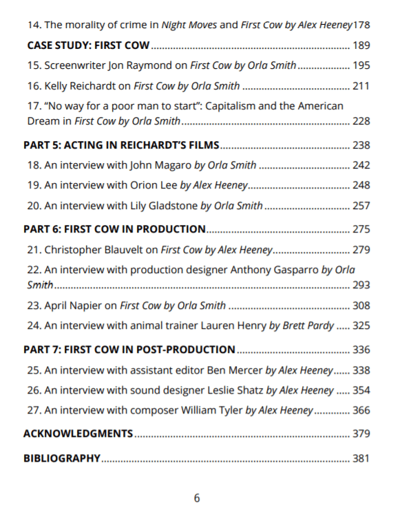 Table of contents for Roads to nowhere, an ebook on all the films of Kelly Reichardt leading up to Showing Up