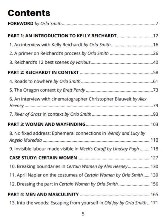 Table of contents for Roads to nowhere, an ebook on all the films of Kelly Reichardt leading up to Showing Up