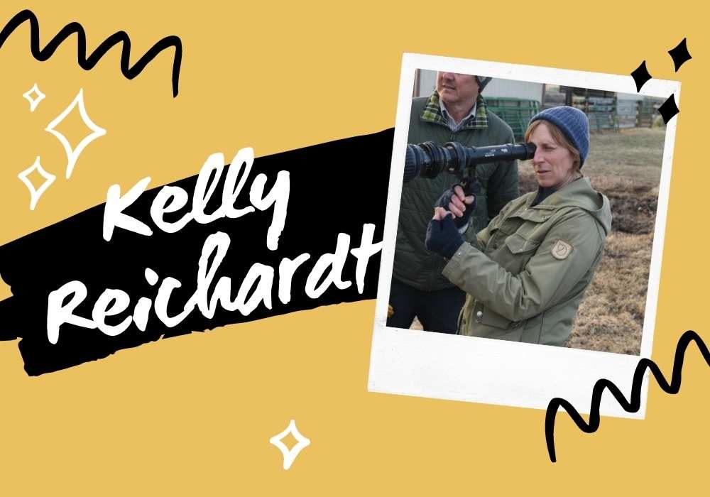 An image of filmmaker Kelly Reichardt against a yellow background next to text that bears her name.