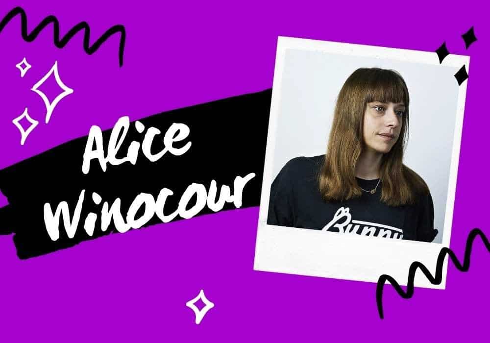 An image of filmmaker Alice Winocour against a purple background next to text that bears her name.