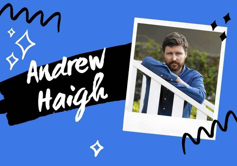 An image of filmmaker Andrew Haigh against a blue background next to text that bears his name.