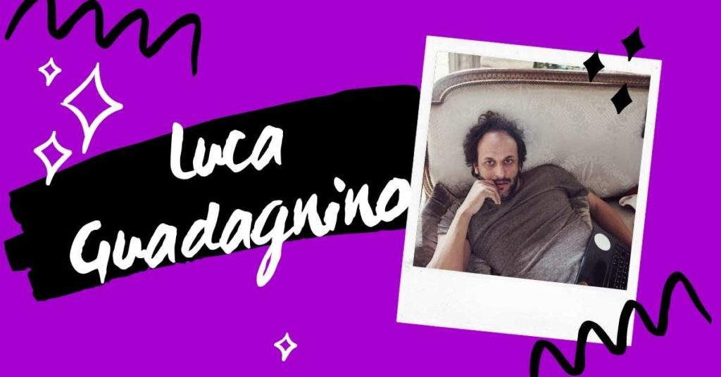 An image of filmmaker Luca Guadagnino against a purple background next to text that bears his name.