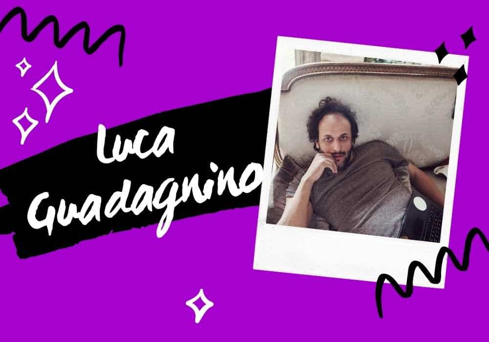 An image of filmmaker Luca Guadagnino against a purple background next to text that bears his name.