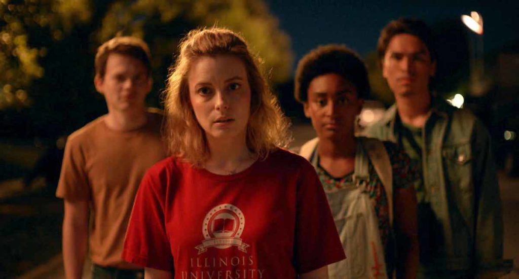 Dressed in a red orientation week t-shirt, Gillian Jacobs stars as Kate, leading a band of college students —
Left to right: Josh Wiggins, Gillian Jacobs, Khloe Janel, and Forrest Goodluck — in I Used to Go Here from director Kris Rey