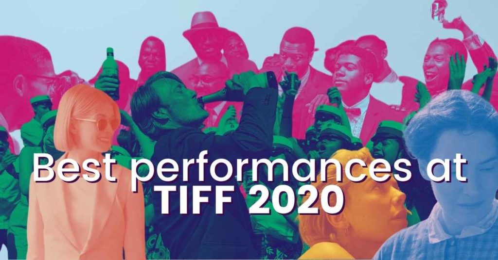 Stills of actors from TIFF 2020 films, including Rosamund Pike, Mads Mikkelsen, and Kate Winslet.
