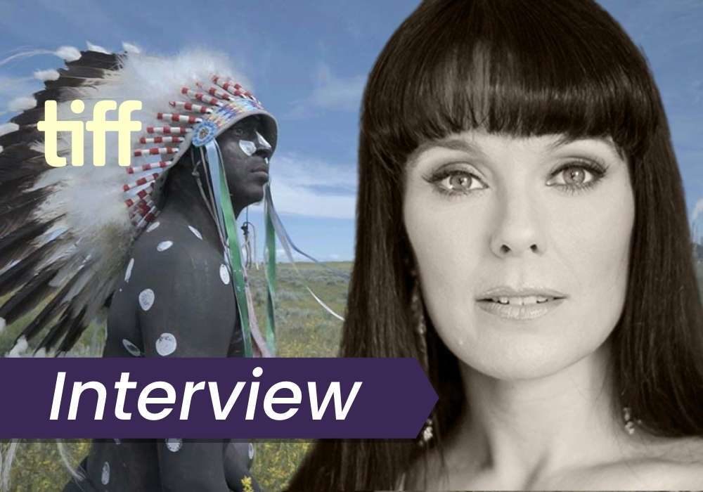 An Indigenous man in a traditional headdress surveys the landscape in Inconvenient Indian. In the foreground of the image is director Michelle Latimer. The text on the images reads 'Interview'.