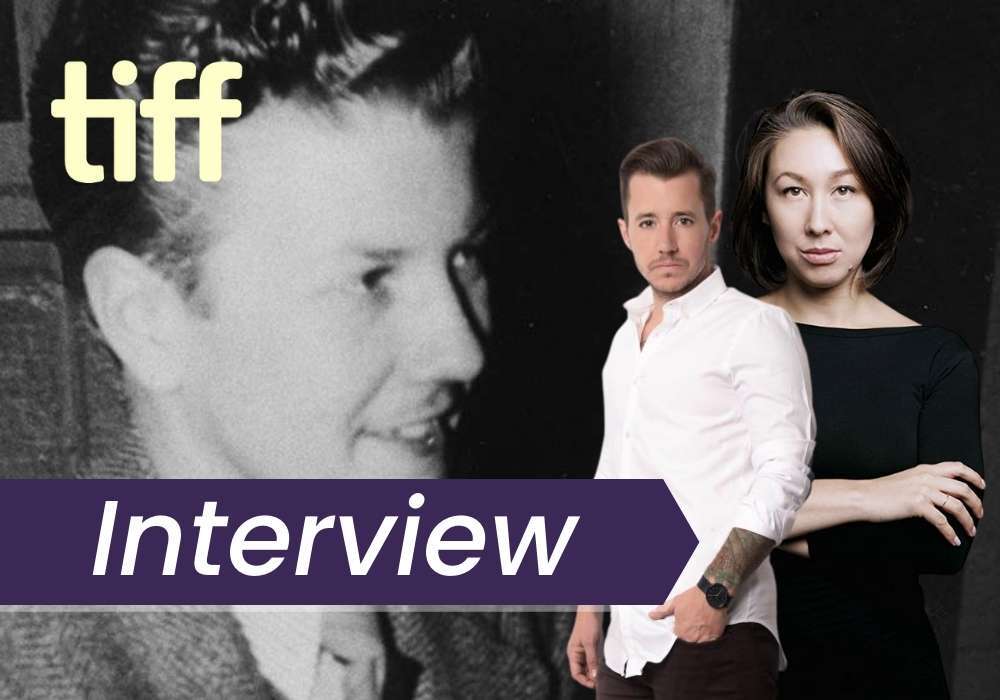 Directors Aisling Chin-Yee and Chase Joynt are pictured in front a black and white still of jazz musician Billy Tipton. The image features text that states this is an interview at TIFF.