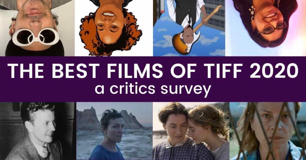 A collage of different critics who participated in Seventh Row's survey and images of the films they nominated.
