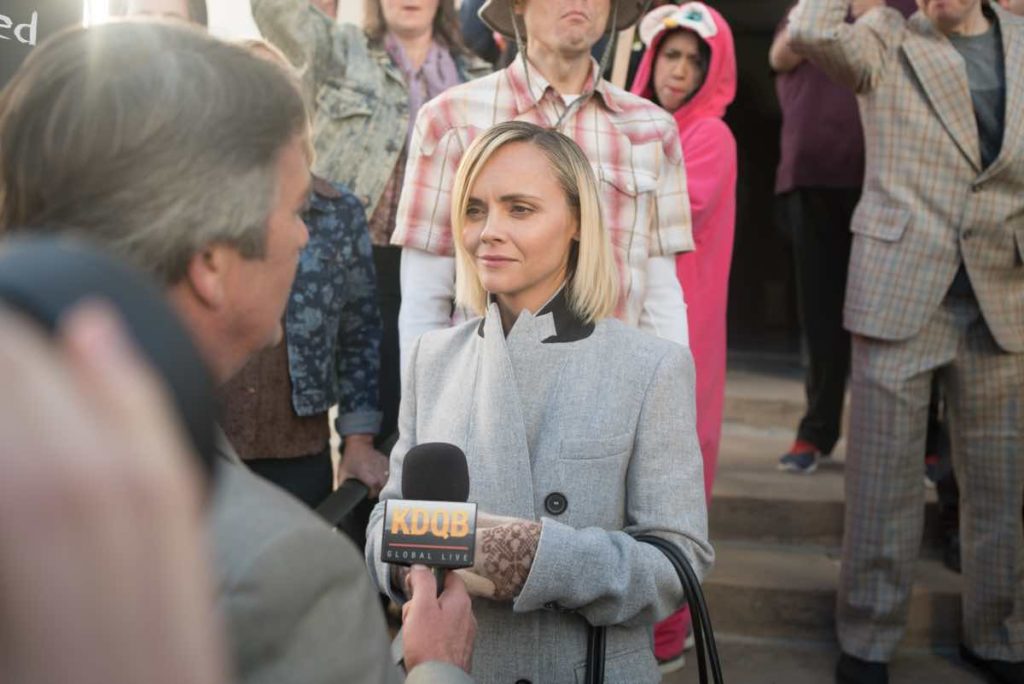 Centre: Christina Ricci as REBECCA in PERCY, answers questions from the media. Image courtesy of Mongrel Media.