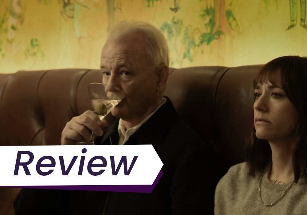 An older man and his daughter sit at a bar in Sofia Coppola's On the Rocks. The text on the image says, 'Review'.