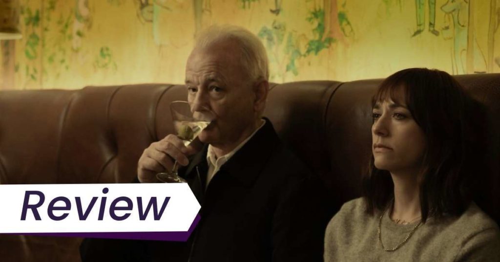 An older man and his daughter sit at a bar in Sofia Coppola's On the Rocks. The text on the image says, 'Review'.