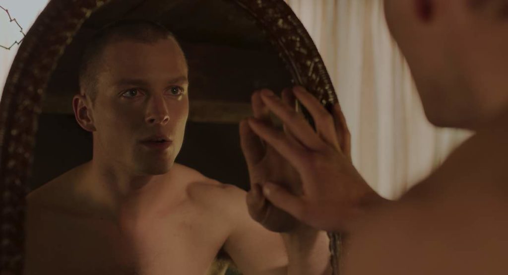 Félix-Antoine Duval stars as The Twins in Bruce LaBruce's Saint-Narcisse. In this still, he is looking at himself in the mirror.