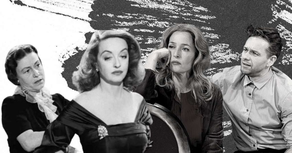 Two stills stitched together, one of Bette Davis in the 1950 film All About Eve, the other of Gillian Anderson in the 2019 stage adaptation.