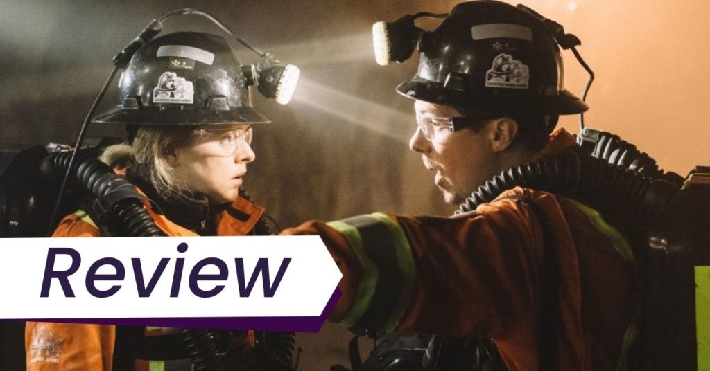 Still from Sophie Dupuis's mining drama Souterrain, which premiered at the Whistler Film Festival. Maxime is dressed in rescue gear and is facing off against his supervisor in the mine.