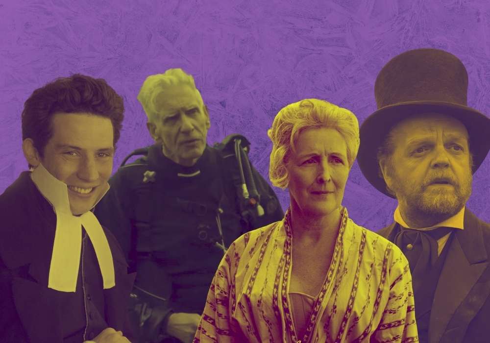 Stills of Josh O'Connor in Emma, David Cronenberg in Clifton Hill, Fiona Shaw in Ammonite, and Toby Jones in First Cow, against a purple background.