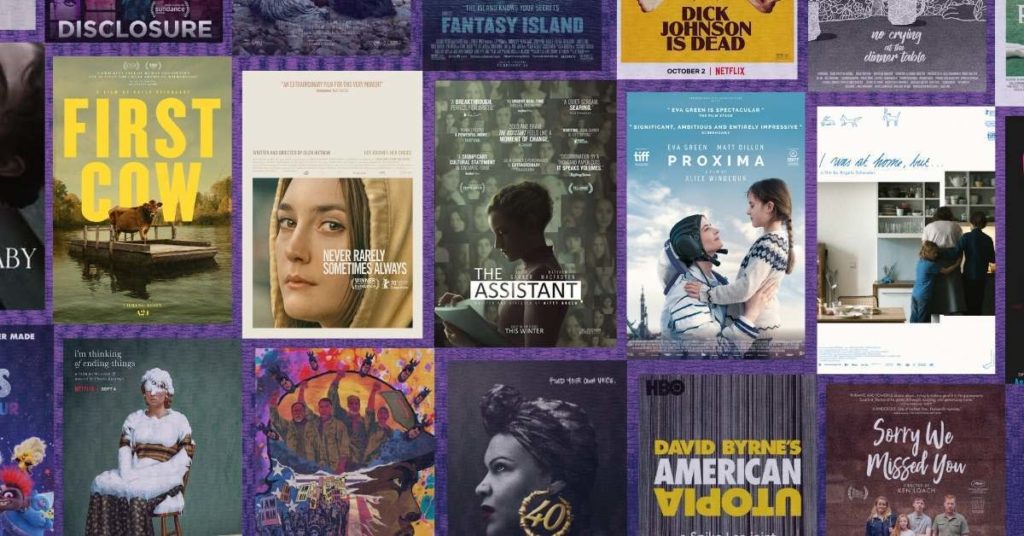 A collage of posters of some of the best films of 2020 that are featured in our critics survey, including First Cow, Never Rarely Sometimes Always, The Assistant, Proxima, and I Was at Home, But...