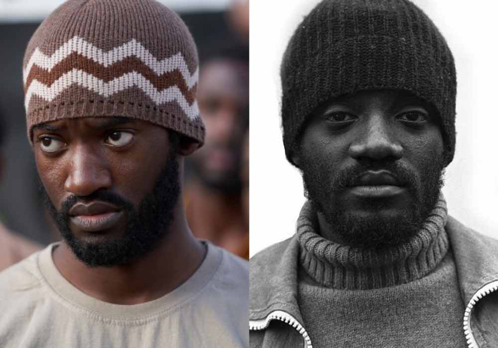 A side by side comparison of Malachi Kirby as Darcus Howe and the real Darcus Howe.