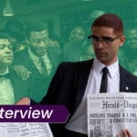 A still of Kingsley Ben-Adir in One Night in Miami in front of a still from the film, with the text 'Interview' over the image.