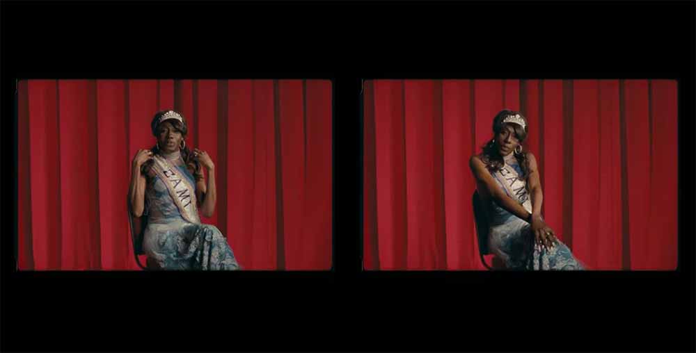 A split screen displays two images of a woman in front of a red curtain in The Name I Call Myself.