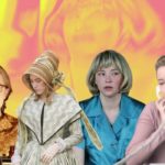 Stills from Shirley, Ammonite, Swallow, and The Assistant displaying their costume design, in front of a yellow and pink swirling background.