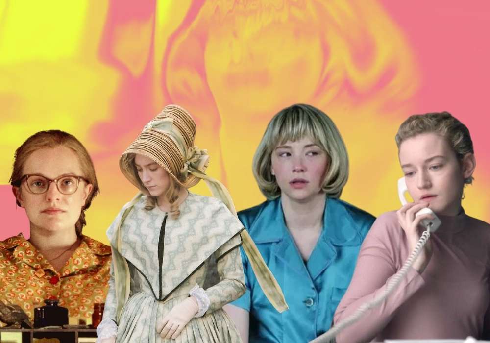 Stills from Shirley, Ammonite, Swallow, and The Assistant displaying their costume design, in front of a yellow and pink swirling background.