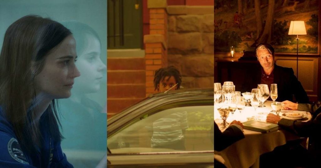 A collage of stills from three films: Proxima, Residue, and Another Round.