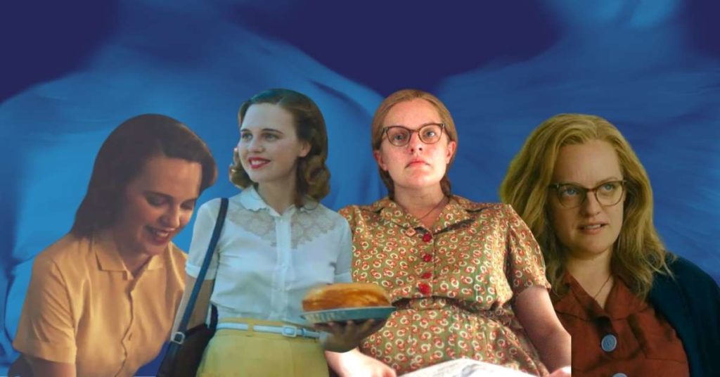 Two stills of Odessa Young in Shirley and two stills of Elisabeth Moss in Shirley, set against a blue background. The stills display the costume work by Amela Baksic.