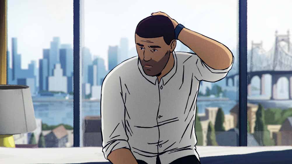 An animated frame of a man sitting in a hotel room in front of a cityscape in Flee.