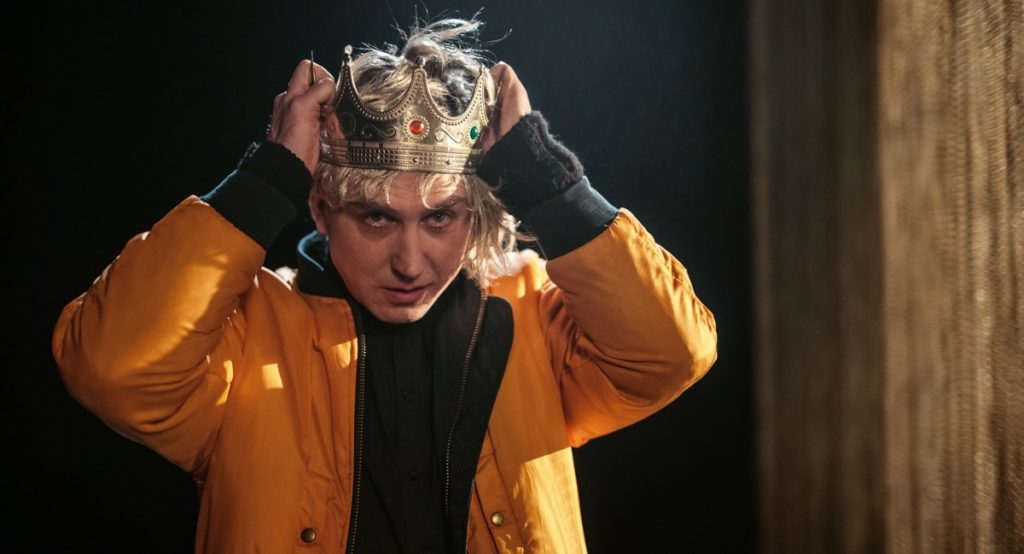 Lars Eidinger as Sven puts on Hamlet's Crown on the set of Hamlet at the Schaubühne in My Little Sister. Courtesy of Film Movement