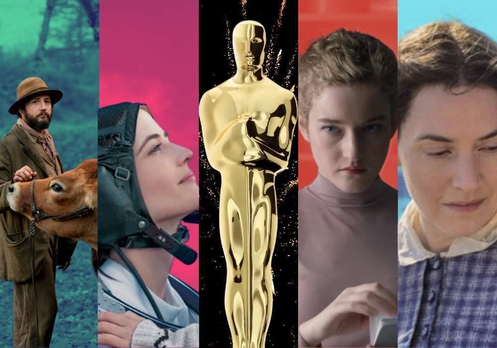 A selection of stills from films featured in this piece about the 2021 Oscars, with an image of an Oscar in the centre.