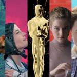 A selection of stills from films featured in this piece about the 2021 Oscars, with an image of an Oscar in the centre.