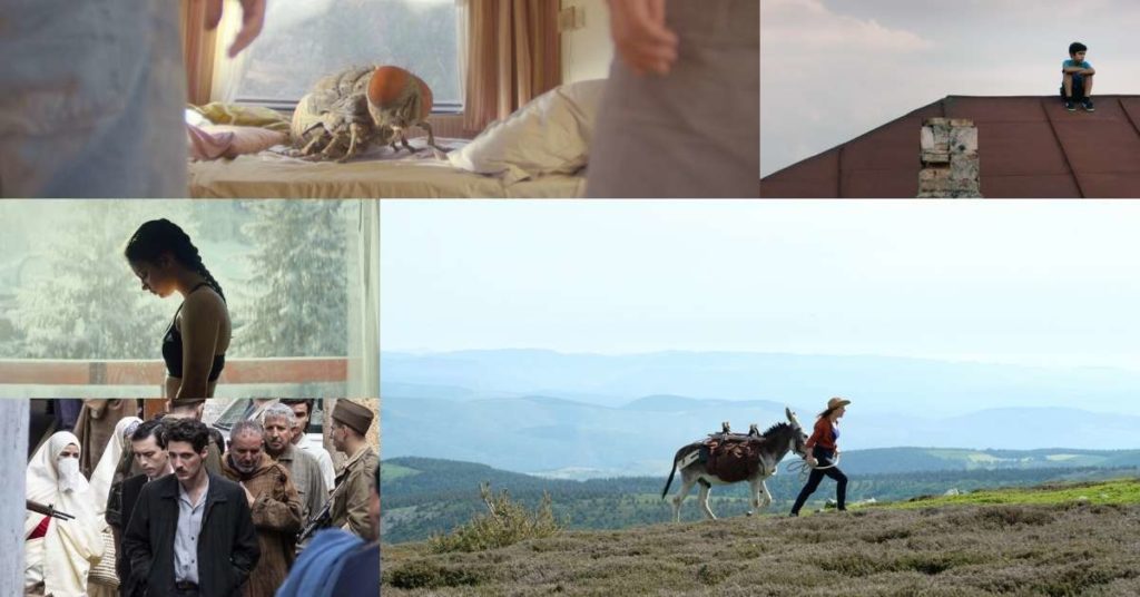 Clockwise from top left: Stills from Mandibles, Should the Wind Drop, My Donkey My Lover and I, Faithful, and Slalom — all of which are screening at the 2021 Rendez-vous with French Cinema