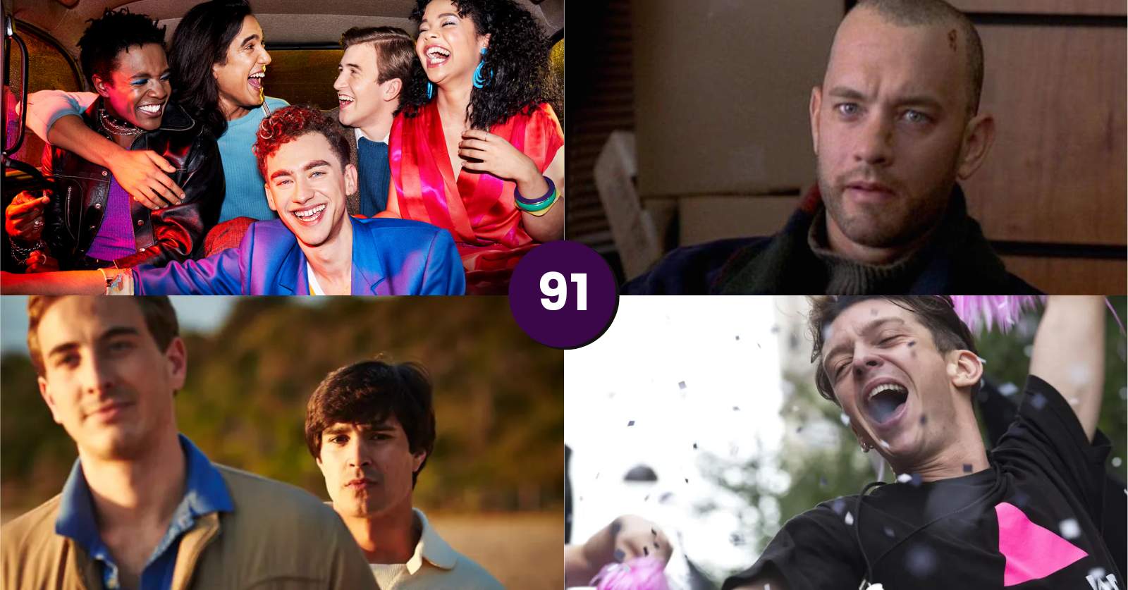 Films and TV series featured on the podcast: It's a Sin (top left), Philadelphia (top right), Hold the man (bottom left), and BPM (bottom right)