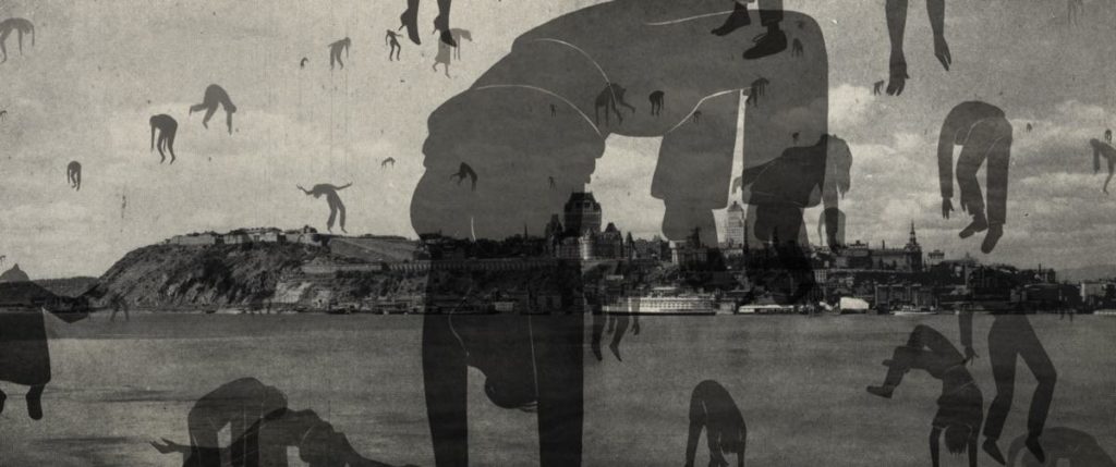 Still from Félix Dufour-Laperrière's documentary, Archipelago, an animated travelogue along the St. Lawrence River. This image features black-and-white animation.