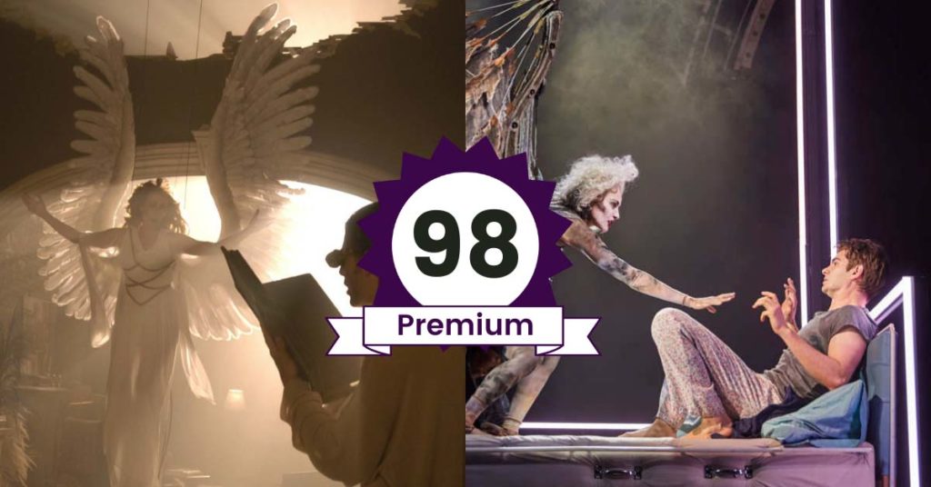 An image that says '98: Premium' and represents episode 98 of the Seventh Row Podcast. Behind the episode number is two images from different adaptations of Angels in America. Both images feature an angel descending on a man.