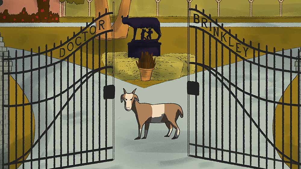 What is creative nonfiction? In this still from Penny Lane's Nuts!, we see an animated scene of a goat standing between mansion gates. This is an example of a creative nonfiction film, in which animation is used to tell a real story.