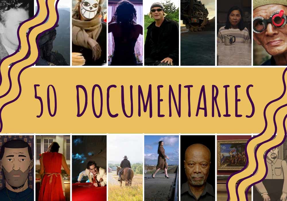 A collage of images of the best documentaries of the 21st century, featuring text that reads: '50 documentaries'.