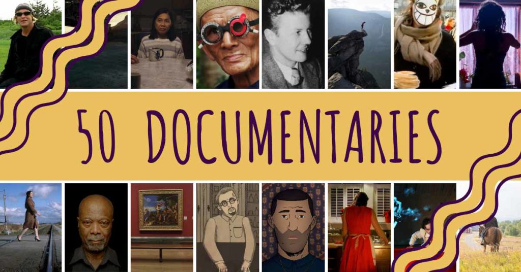 A collage of images of the best documentaries of the 21st century, featuring text that reads: '50 documentaries'.
