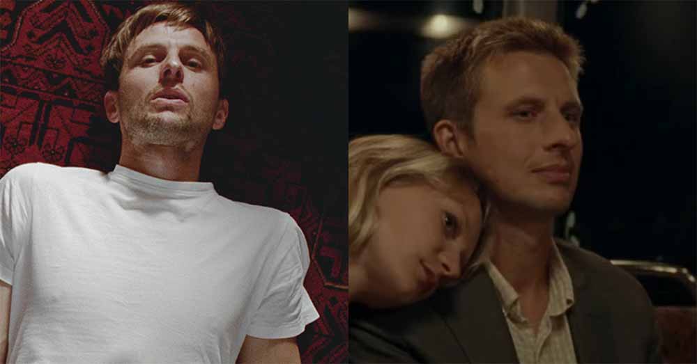 A split screen still, the left side showing Anders Danielsen Lie in The Worst Person in the World, the right showing him in Bergman Island.