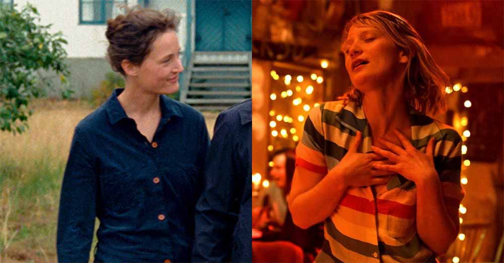 A split screen still, the left side showing Vicky Krieps in Bergman Island, the right side showing Mia Wasikowska in the film.