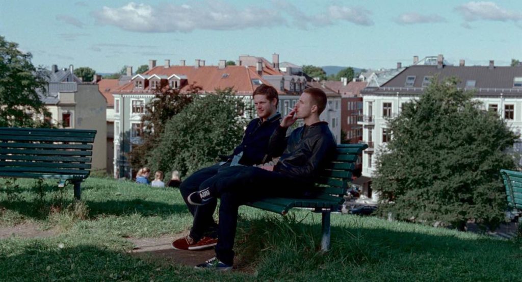 Hans Olav Brenner as Thomas (left) and Anders Danielsen Lie as Anders (right) in the 'famous bench scene' that Joachim Trier discusses in this interview on Oslo August 31st.