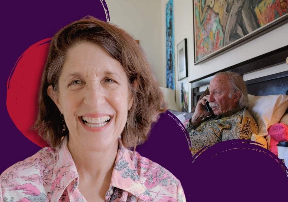 A headshot of Lynne Sachs against a purple and red background, next to a still from Film About a Father Who.